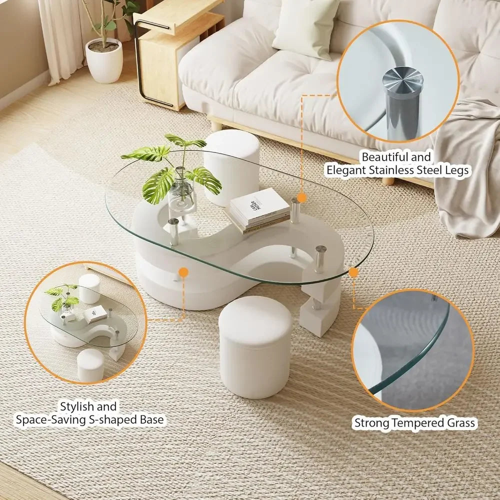 3-Piece Glass Coffee Table Set with Tempered Glass Top and S-Shaped Base, Including 2 Leather Stools.