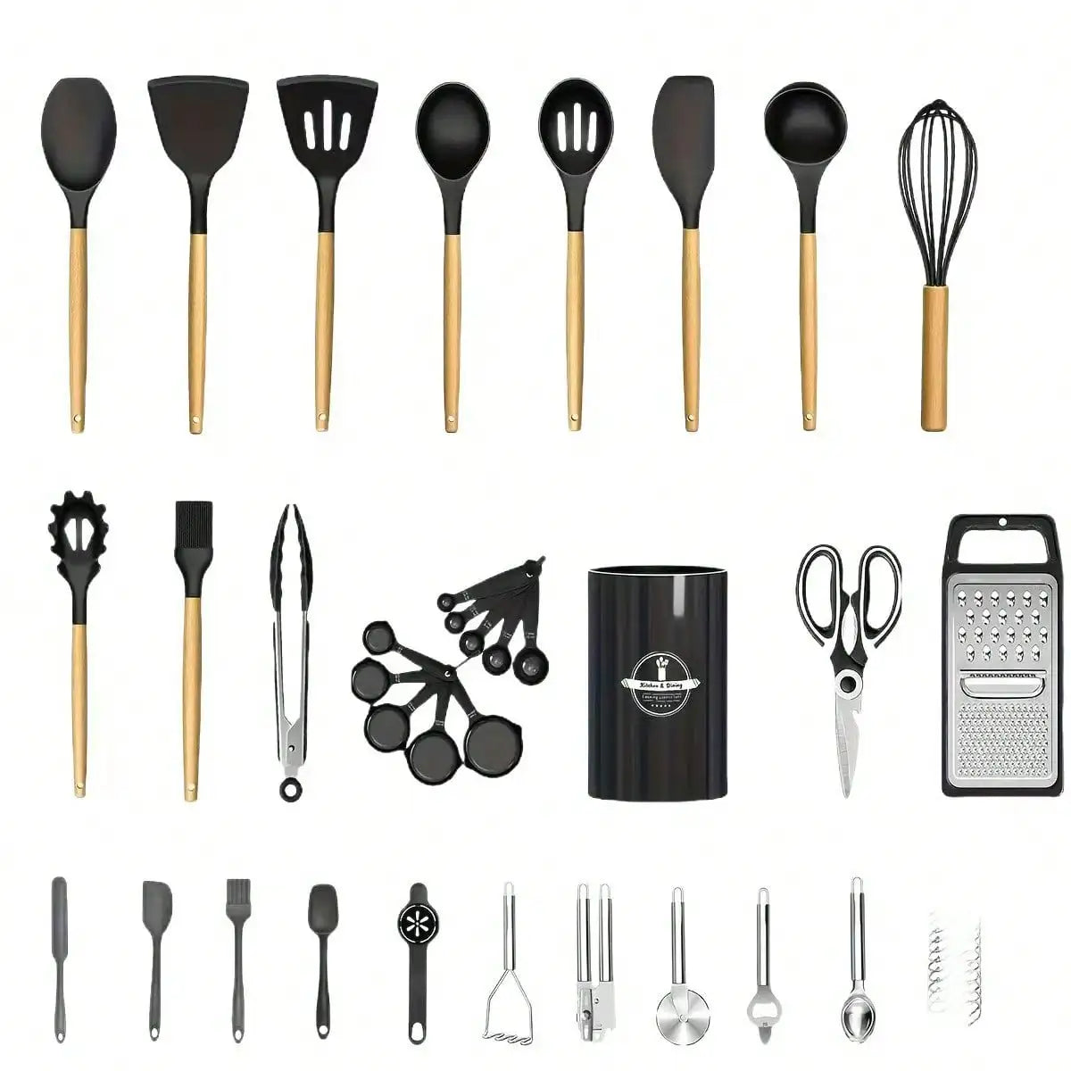 44-Piece Silicone Kitchen Utensil Set w/ Holder Black Wood Handle.