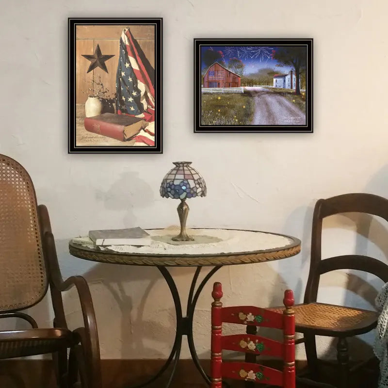 Trendy Decor 4U 2- Piece Vignette Star Spangled Night, God & Country Black Framed Wall Art.