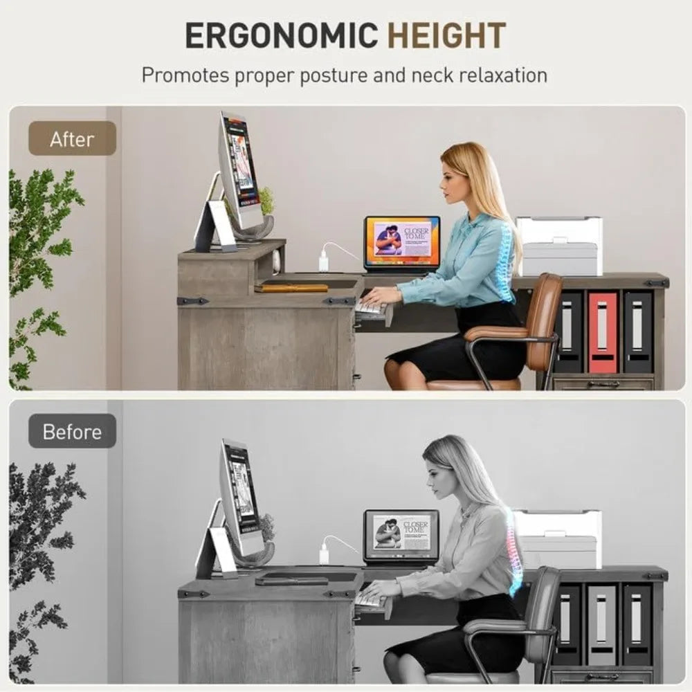 L-Shaped Corner Office Computer Desk with Charging Station, Monitor Stand, Drawers & Storage Cabinet.