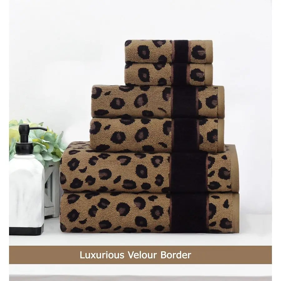 6 Piece Towel Set Animal Print Leopard Cheetah, 100 Cotton Jacquard 2 Bath Towel, 2 Hand Towel, 2 Washcloths.