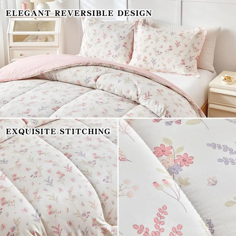 3pcs Cotton Comforter Set for Girls, Pink Floral Design, Twin Size Soft n Cozy Bedding Comforter Set.