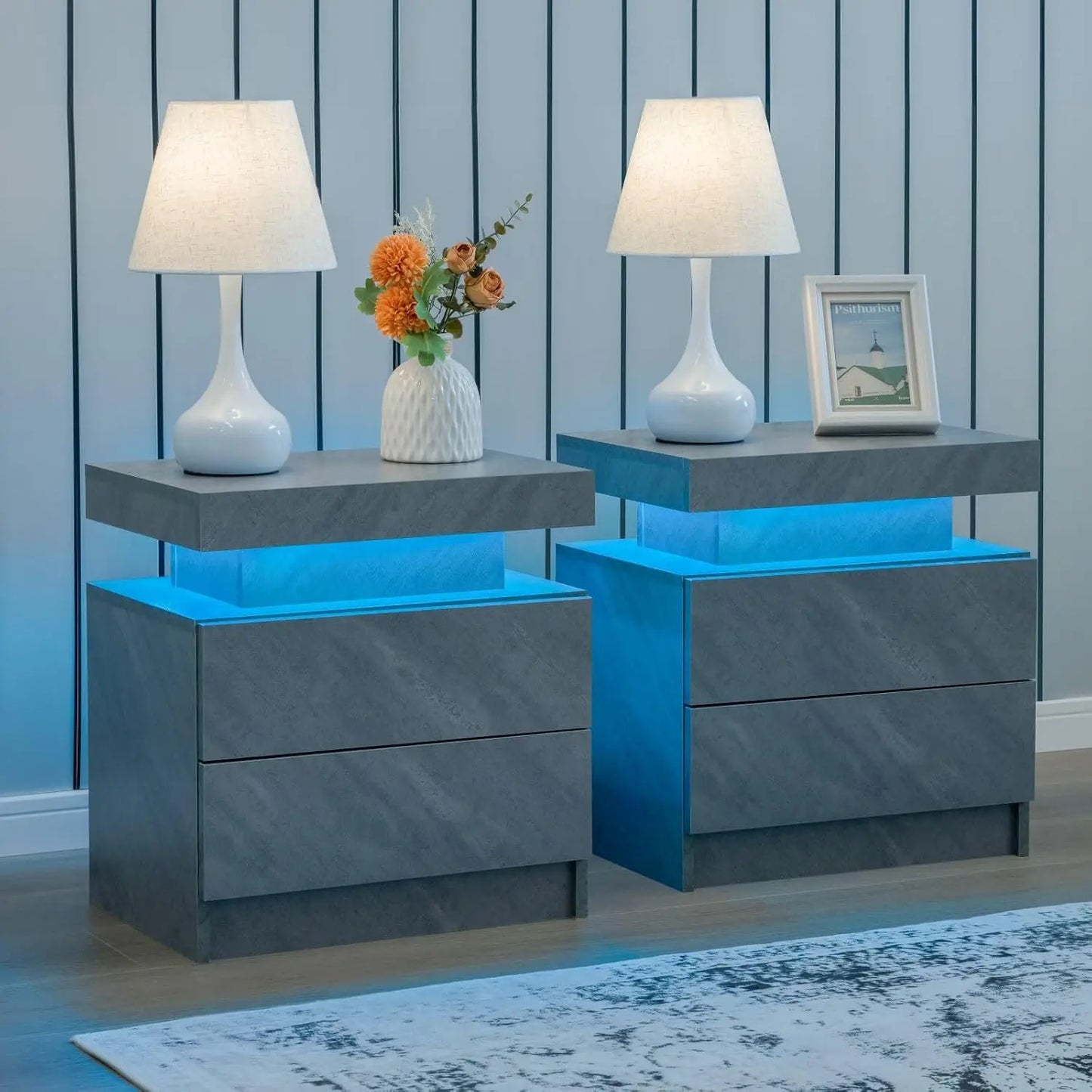 Nightstand Set of 2 LED Nightstand with 2 Drawer, Bedside Table, Customized.