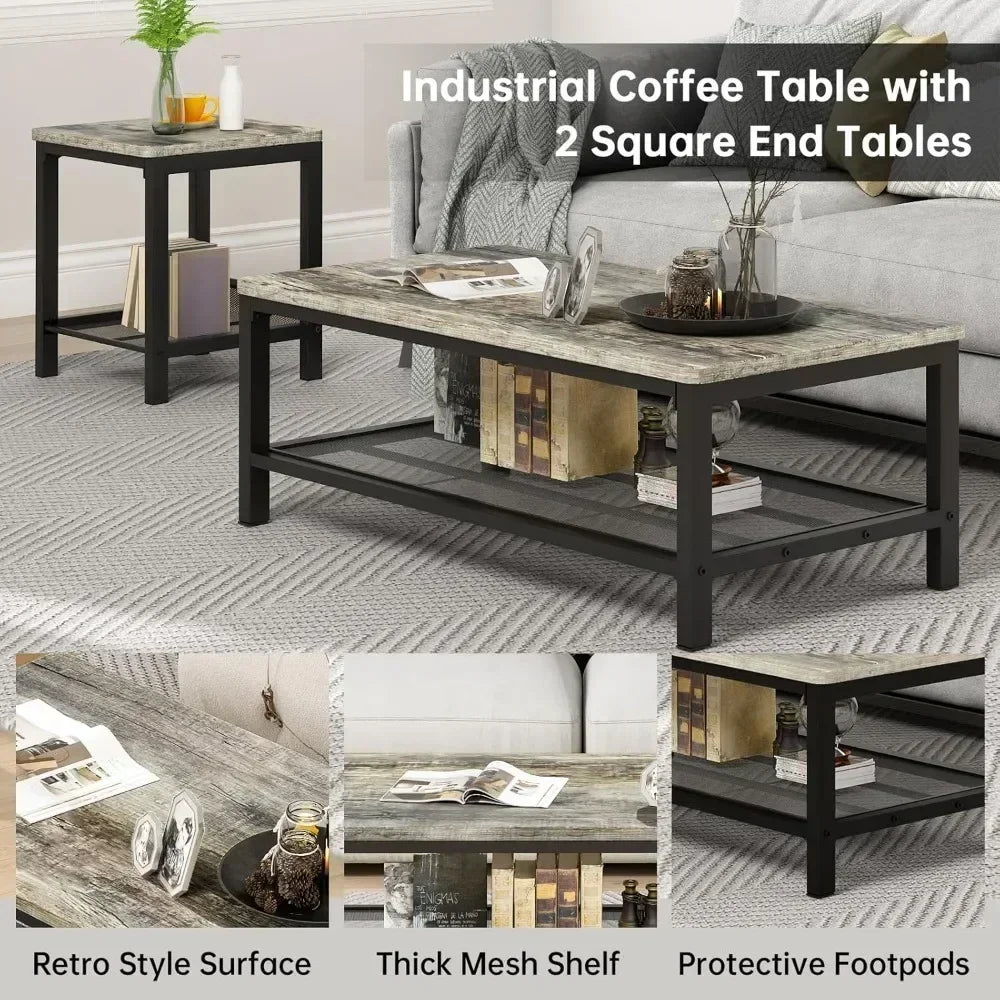 Industrial Style 3-Piece Coffee Table Set: Modern Living Room Furniture with Square Side Tables