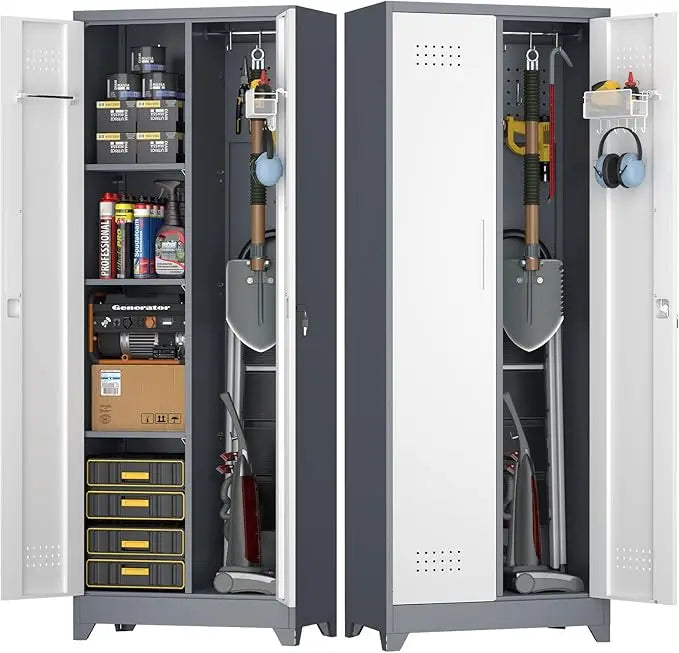 Steel Locking Cabinet with Hanging Rod, Storage with Doors and Hooks, Tall Broom Tool Cabinets