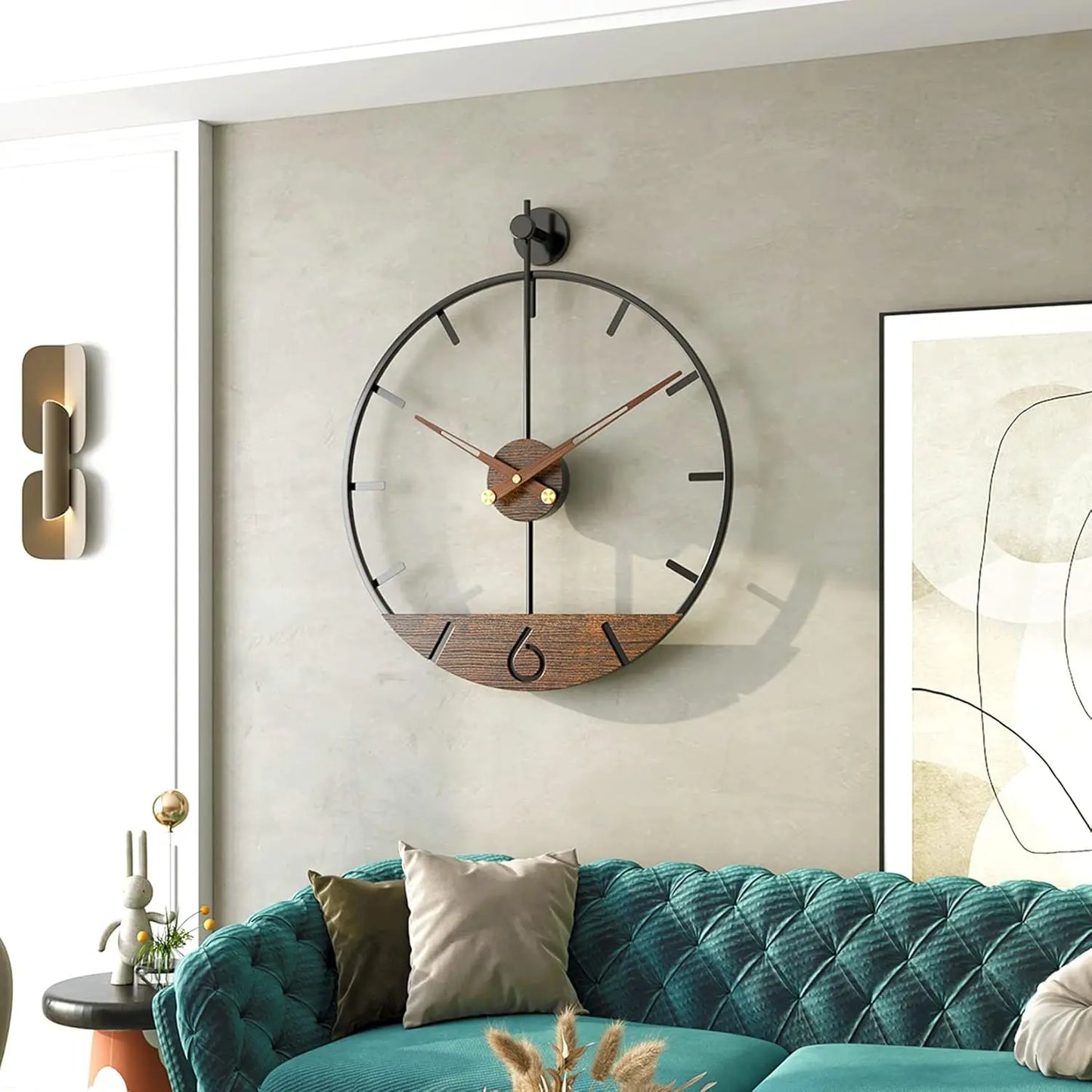 Modern Wood Walnut Dial Wall Clock, Large Simple Wall Decor Metal Frame Silent Non-Ticking Clock.