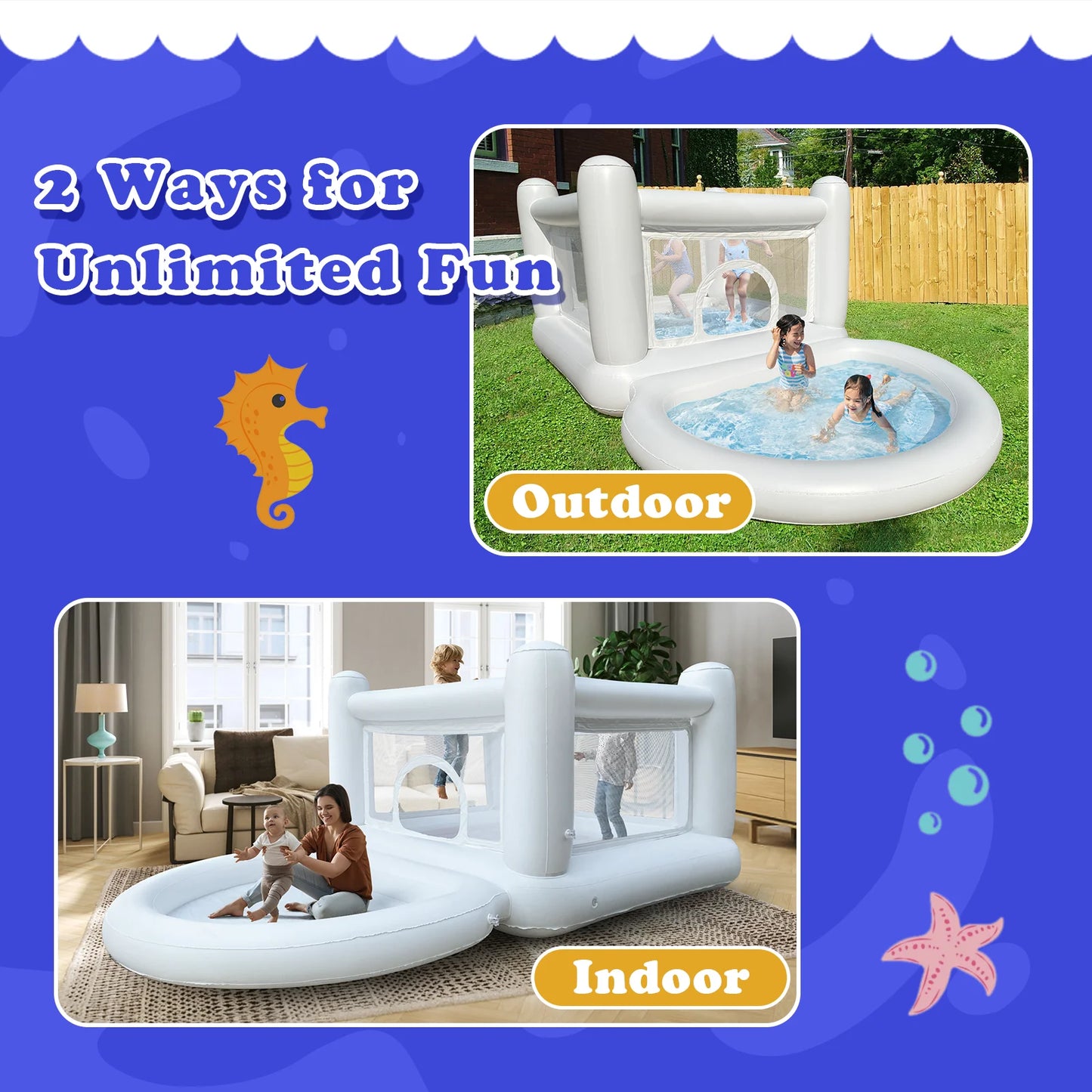 White Bounce House with Pump, Kids Ball Pit, for Kids 3-6 Birthdays Indoor/Outdoor Playhouse.