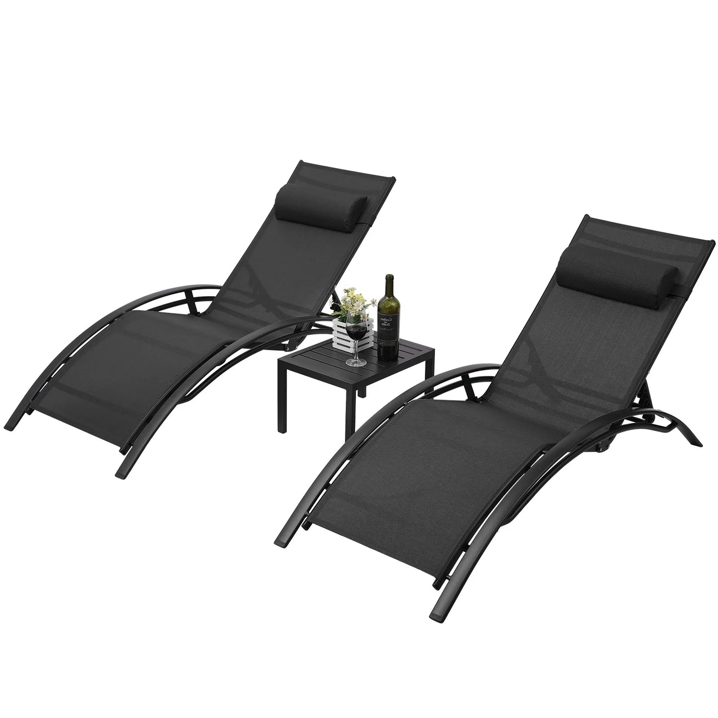 Aluminum Lounge Chair for Outside with 5 Adjustable Positions, Table 3Pcs Chaise Outdoor for Pool.