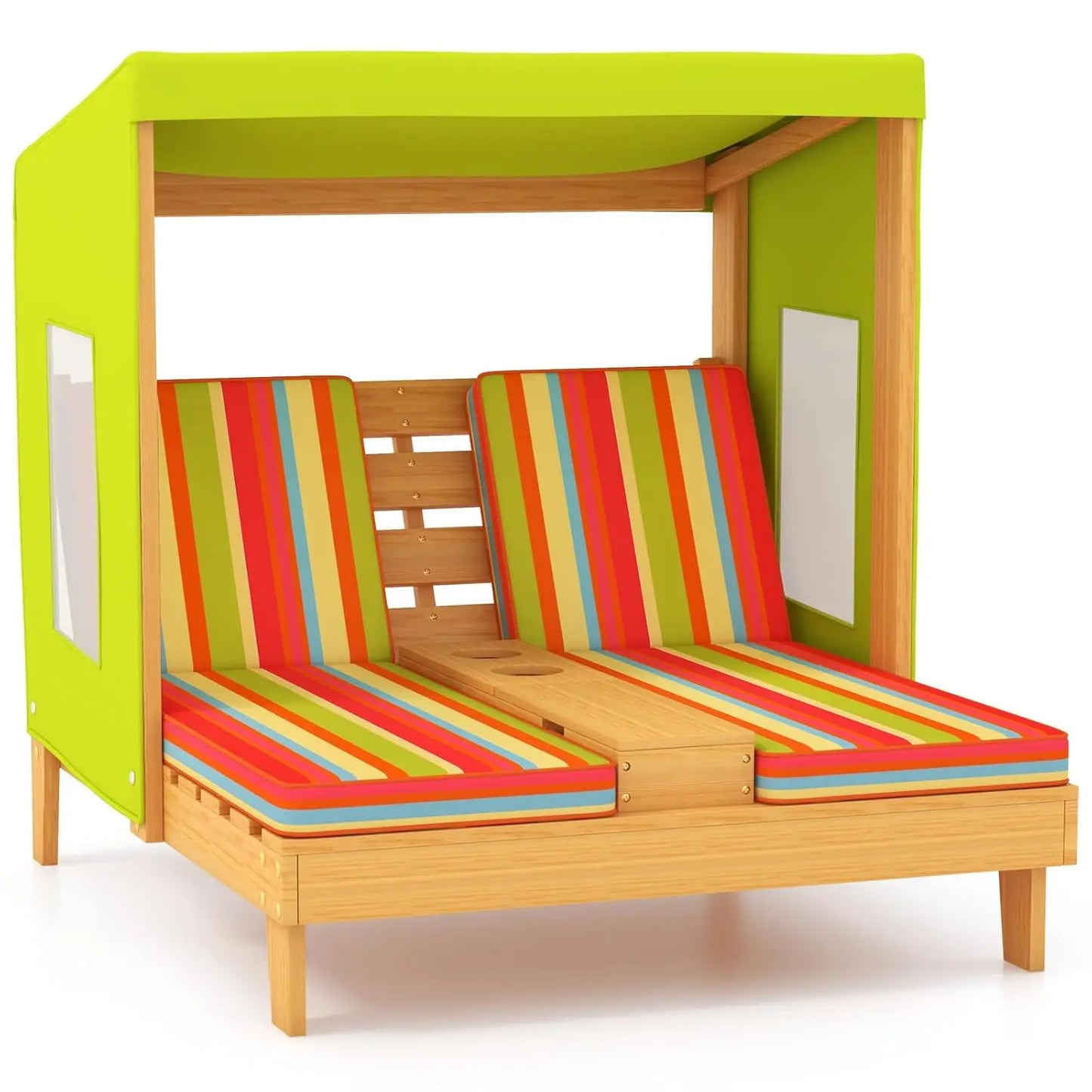 Kids Chaise Lounge Chair Outdoor, Wood Double Pool Lounger Chairs w/Canopy, Cup Holder.