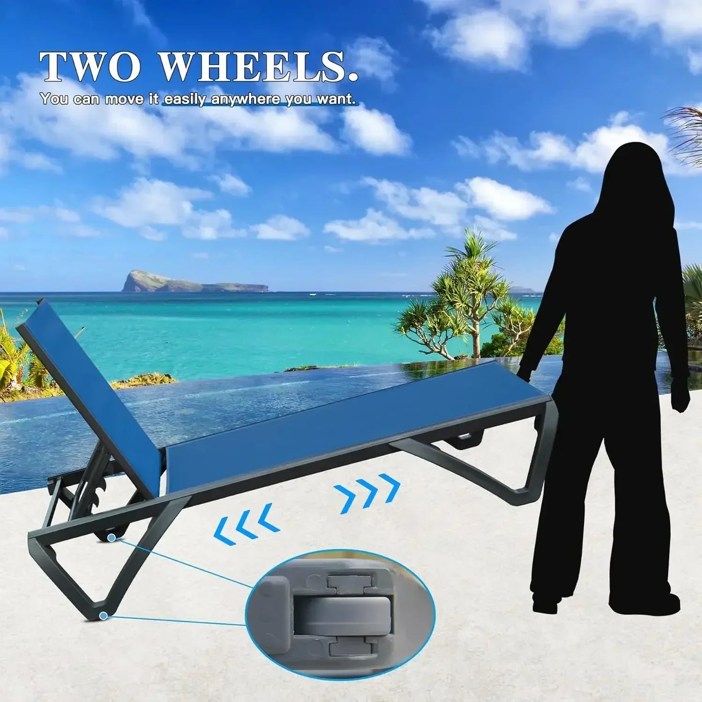 Pool Lounge Chairs Set of 3, Aluminum Adjustable Outdoor Chaise Lounge with Wheels, Poolside Chairs.