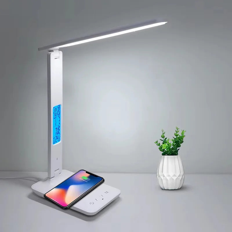 10W QI Wireless Charging LED Desk Lamp USB Charging Port Sliding, Dimmable, Auto Timer.