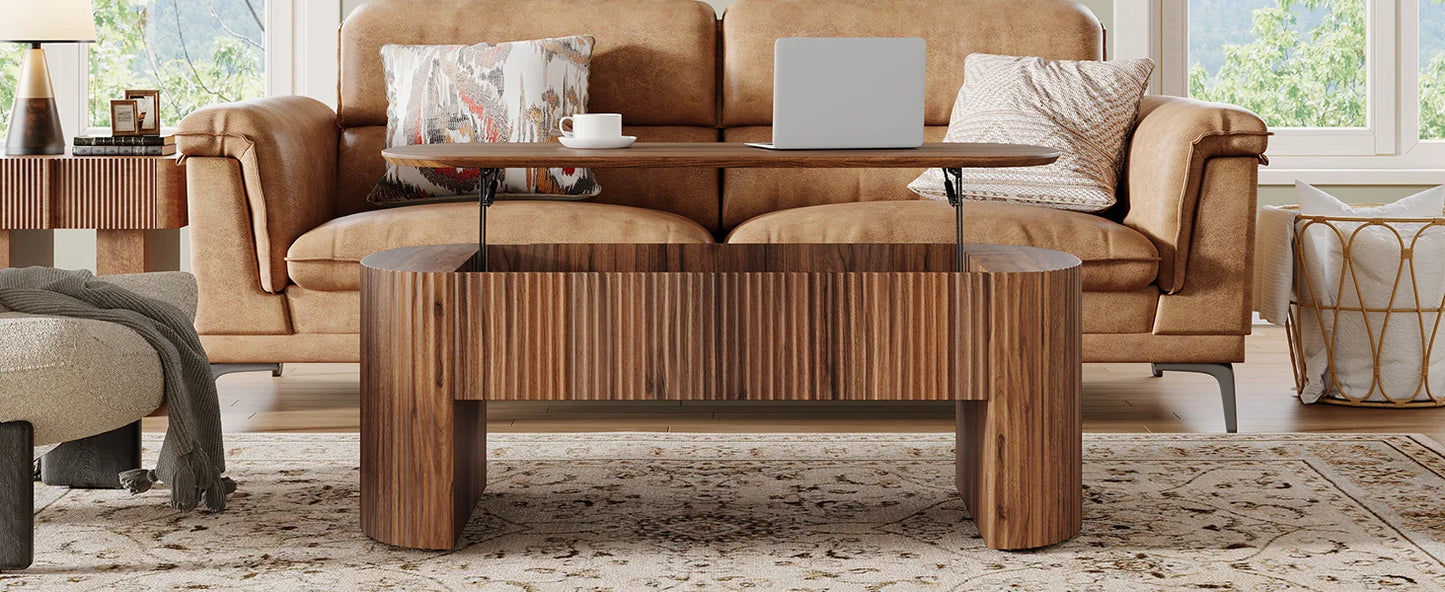 47-Inch Oval Lift Top Coffee Table with Storage Shelf for Living Room, Rustic Lift Up Tabletop.
