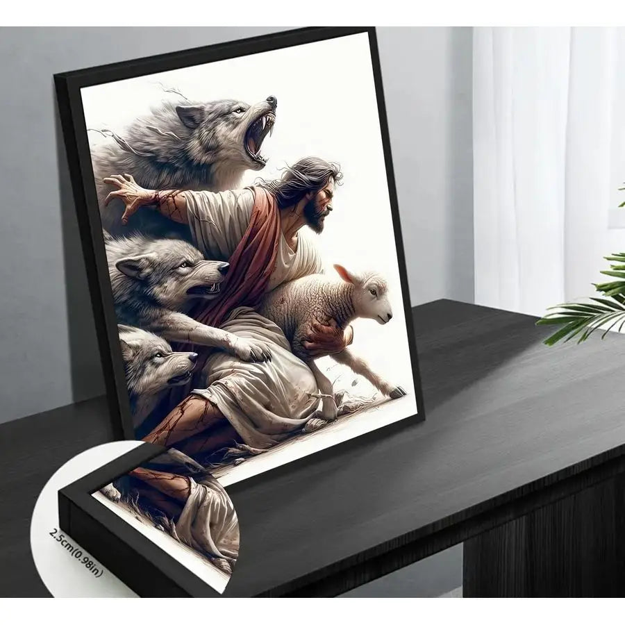 Black Framed Jesus and Lamb Canvas Wall Art Jesus Saves the Lost Sheep Christian Picture Wall Decor.