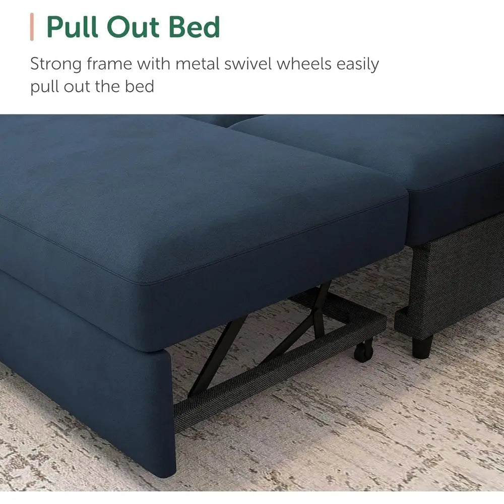 U-Shaped Sectional Sleeper Sofa with Pull-Out Bed, Storage, and Chaise Lounge, Velvet Blue, 6-Seat Living Room