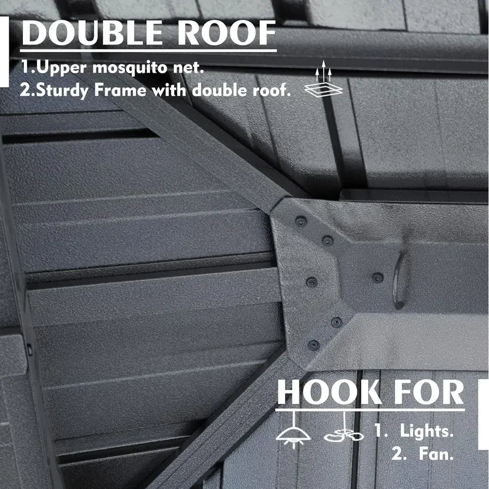 10' x 12' Steel Double Roof Outdoor Pavilion with Curtains and Netting for Backyard.