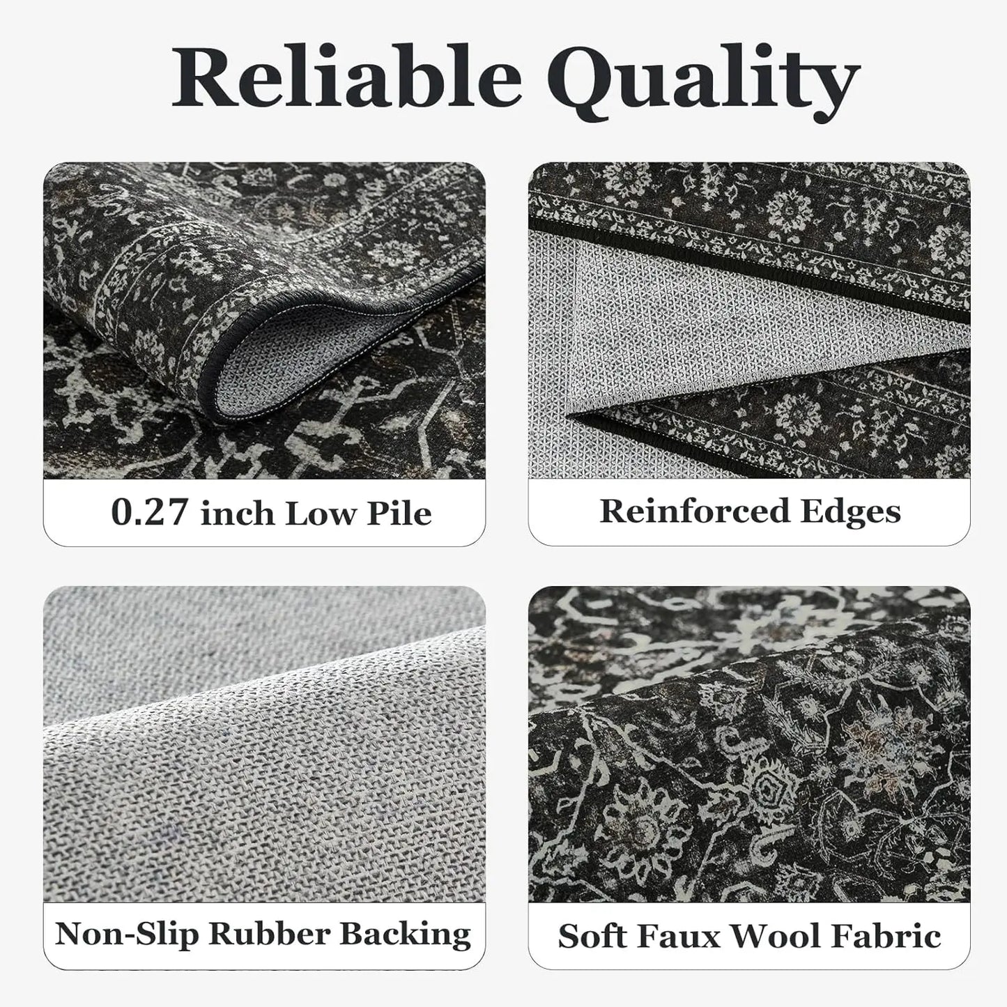 Vintage Charcoal Black Area Rug 6x9, Washable Non-Slip Low Pile Carpet for Living Room Bedroom.