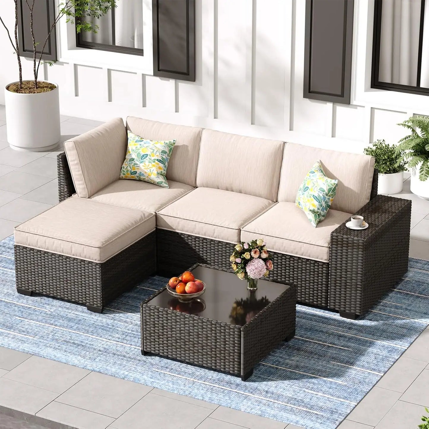5-Piece Patio Furniture Set, All-Weather Outdoor Wicker Sectional Sofa with Cushions, Tempered Glass Table.