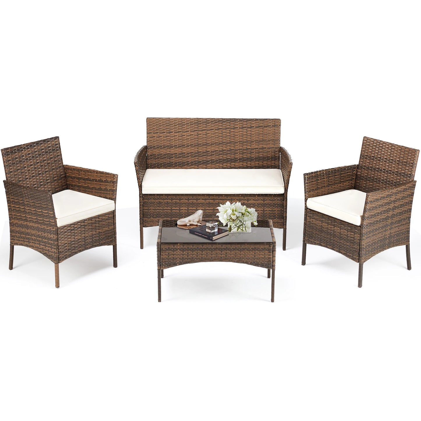 4 Piece Outdoor Patio Furniture Set with Soft Cushion, Glass Table Manual Weaving Wicker Rattan.