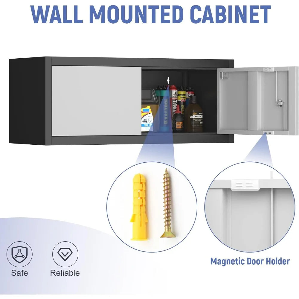 Metal Locking Cabinet, 12.8" H Garage Cabinet Wall Mount, Steel Storage with Doors and Shelves, Floating.