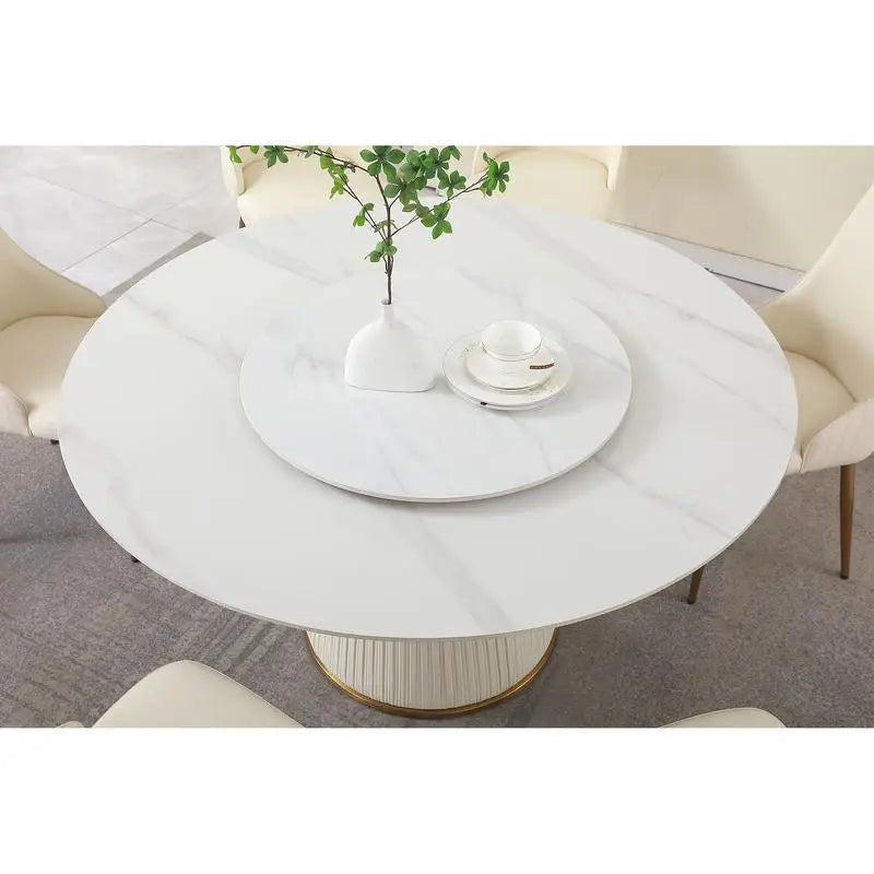 Modern Sintered Stone Dining Table Set with Round Turntable and 8 Chairs on Exquisite Pedestal