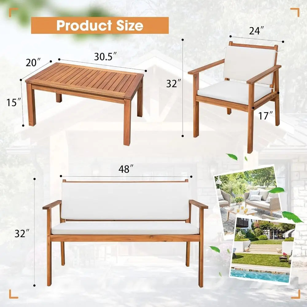 Patio Furniture 4 Piece Acacia Wood Outdoor Conversation Sofa Set with Table .