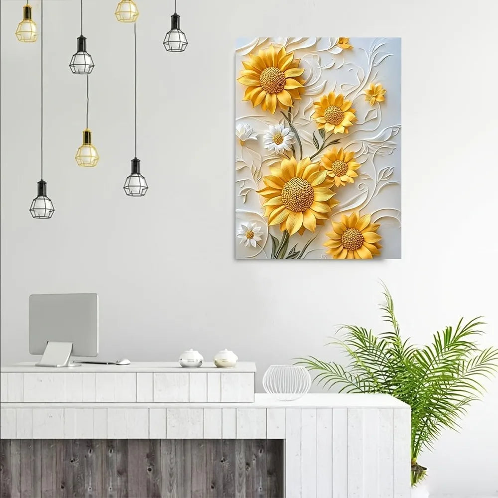 3D relief sunflower canvas art with wood frame, vivid yellow wall printing- living room decor.