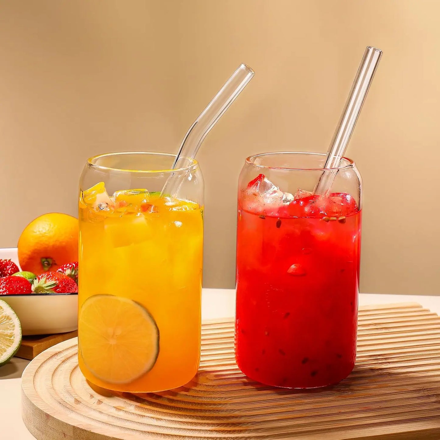 4Pcs 18.6Oz/550Ml Drinking Glasses with Bamboo Lids and Glass Straws, Glass Cups.