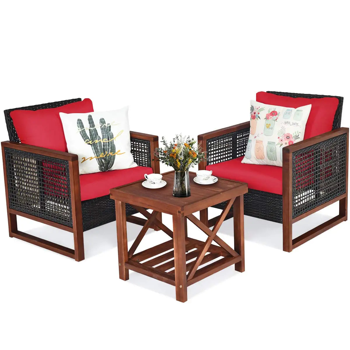 3 Pieces Patio Wicker Furniture Set, Rattan Outdoor Sofa Set w/Washable Cushion & Acacia Wood Coffee Table.