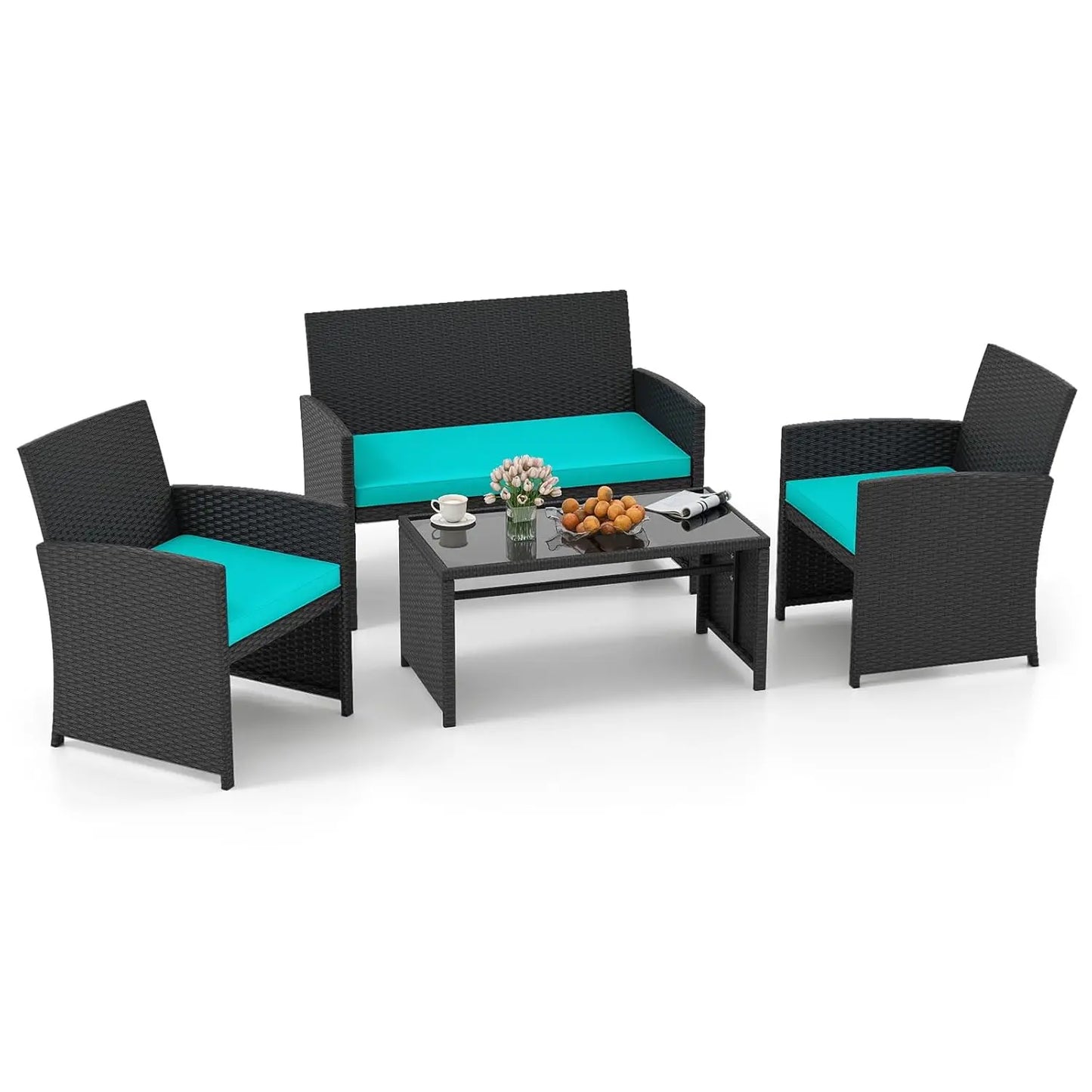 4 Pieces Patio Wicker Furniture Set, Rattan Cushioned Chairs, Loveseat and Tempered Glass Coffee.
