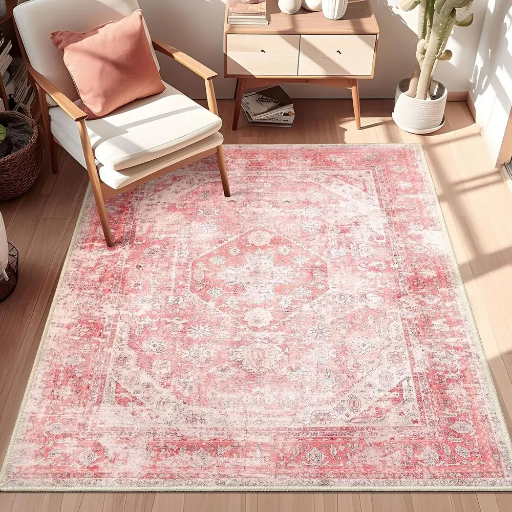 3x5 Feet Washable Bohemian Pink Area Rug for Girls' Bedroom, Cute Non-Slip Carpet.