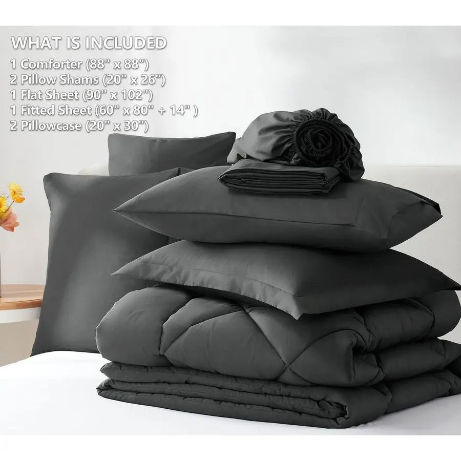 Queen Comforter Set Dark Grey Bed in a Bag Queen Size 7 Pieces, Luxury Soft Bed Set for All Seasons.
