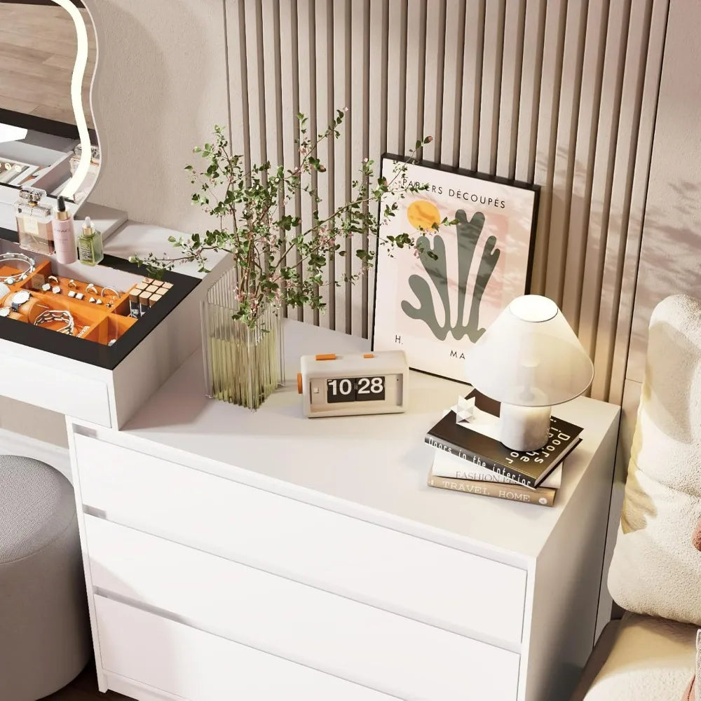 Modern L-Shaped Corner Vanity Desk with Glass Top, Mirror, and Lighting, Two Drawers.