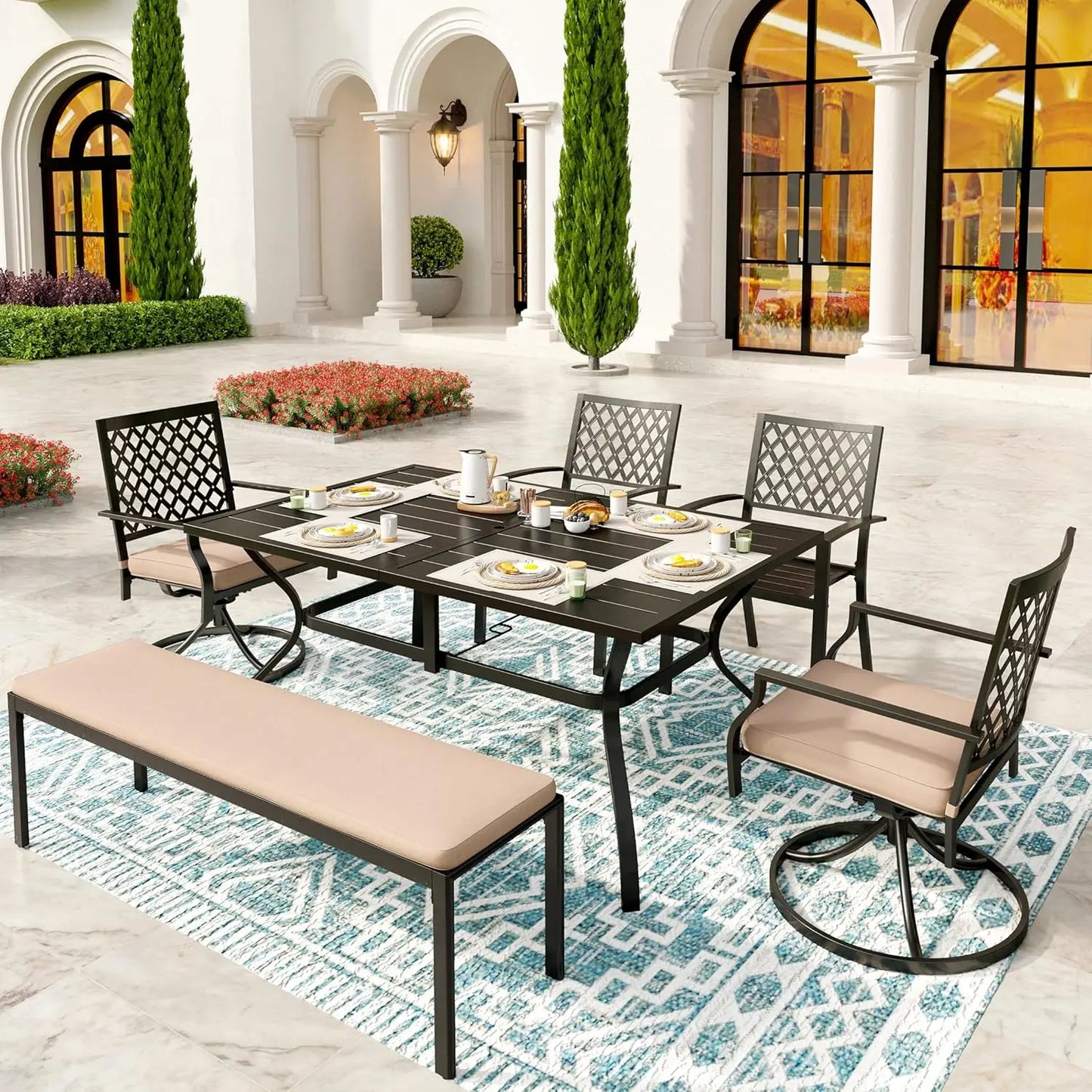 Patio Dining Set for Outdoor Table and Chairs Set with Umbrella Hole, 2 Leg Chairs,