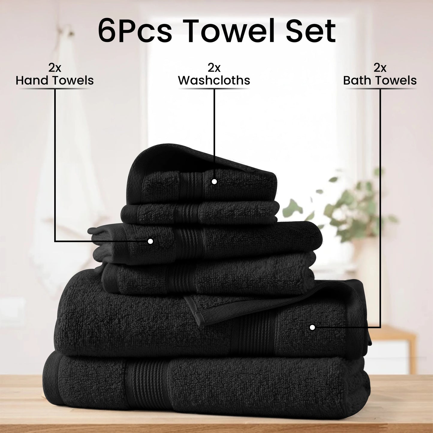 Decor 6-Piece Bath Towel Set – 100% Cotton, 525 GSM, Ultra-Soft & Absorbent.