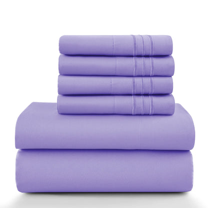 Lux Décor 6Pc Solid Sheet Set – Brushed Microfiber, 16" Deep Pockets, with Embroidered & Plain Pillowcases