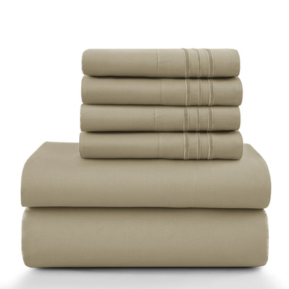 Lux Décor 6Pc Solid Sheet Set – Brushed Microfiber, 16" Deep Pockets, with Embroidered & Plain Pillowcases