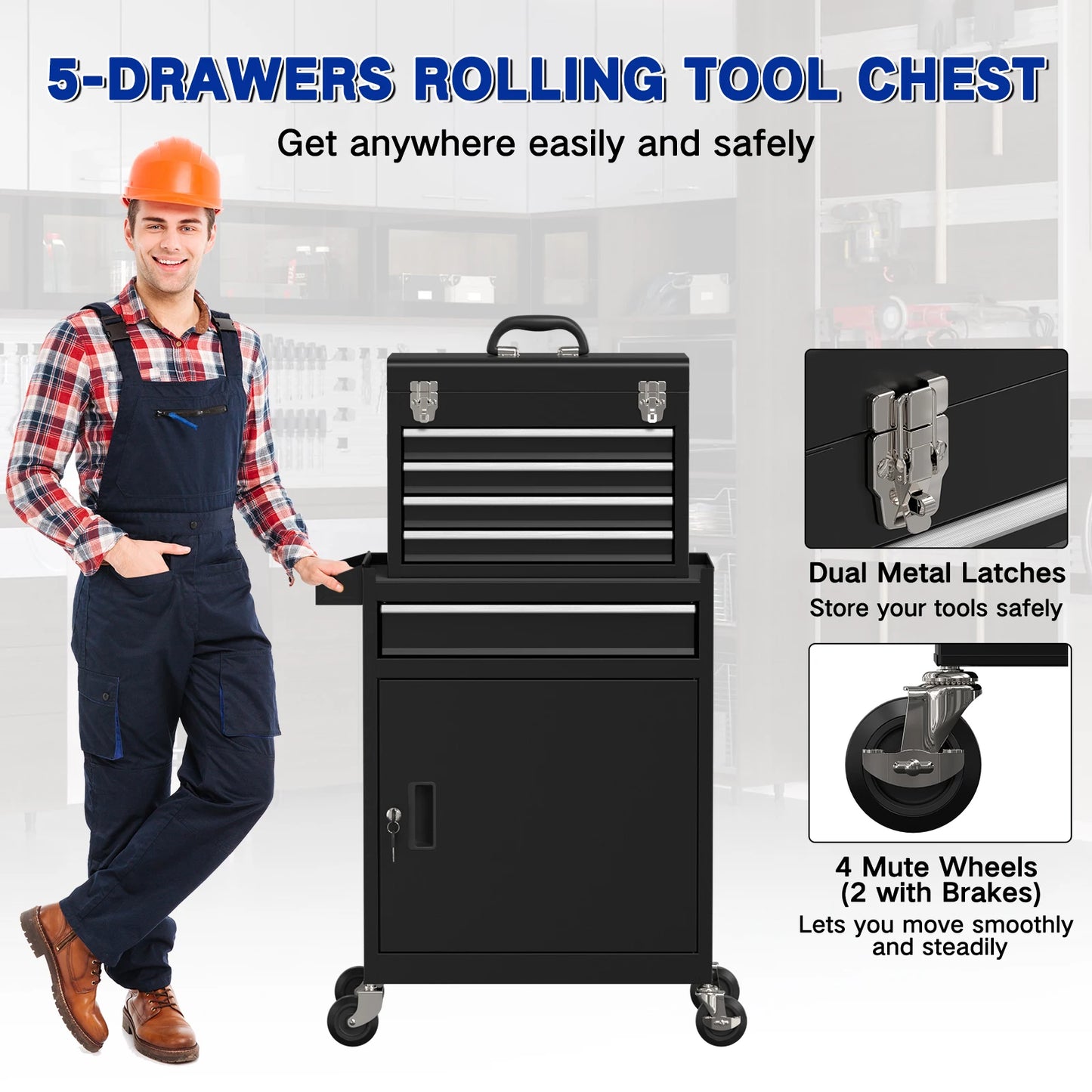 5 Drawer Tools Chest, Tool Cabinet with Universal Lockable Wheels.
