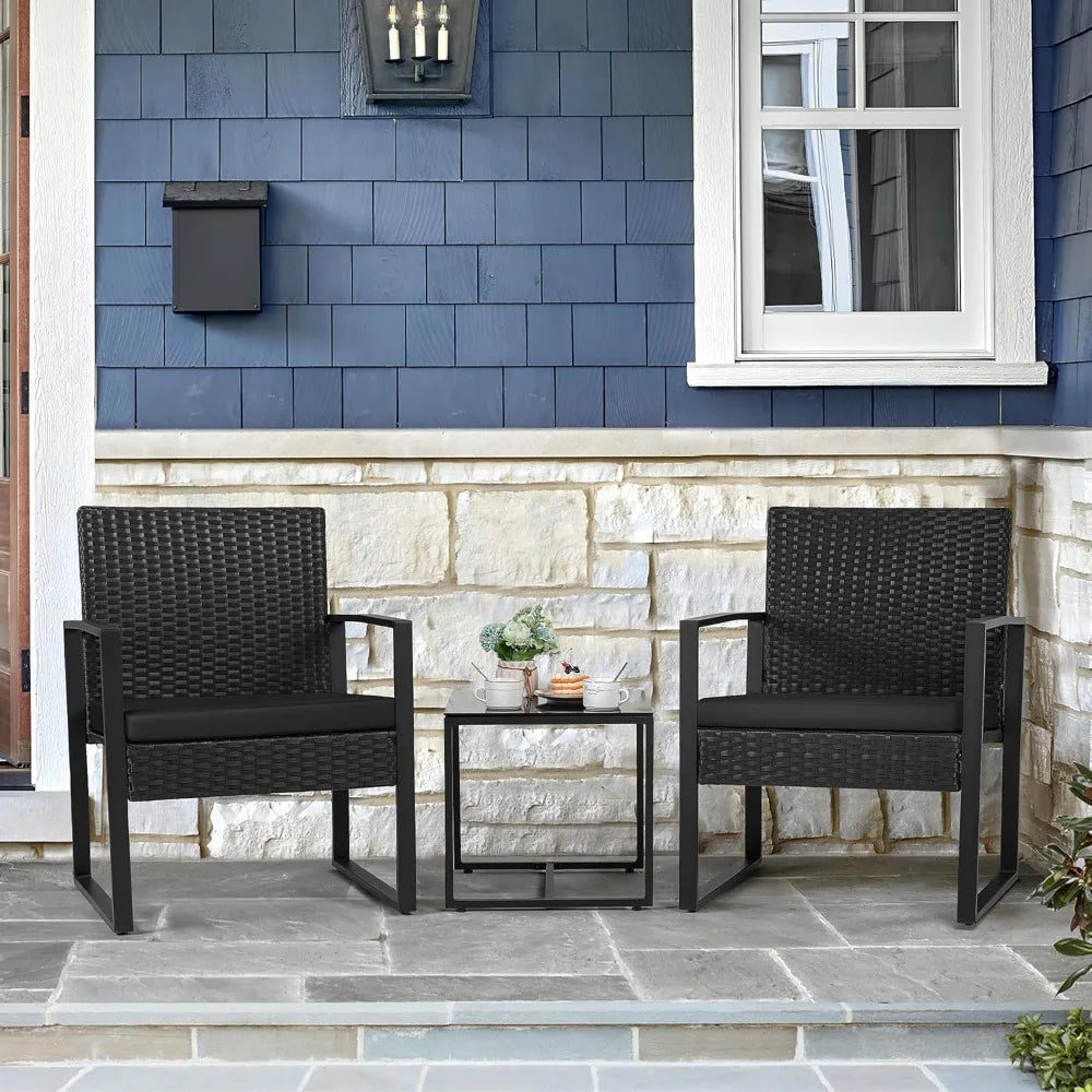 3 Pieces Outdoor Patio Wicker Furniture Set, Modern Rattan Chair Sets with Coffee Table for Yard.