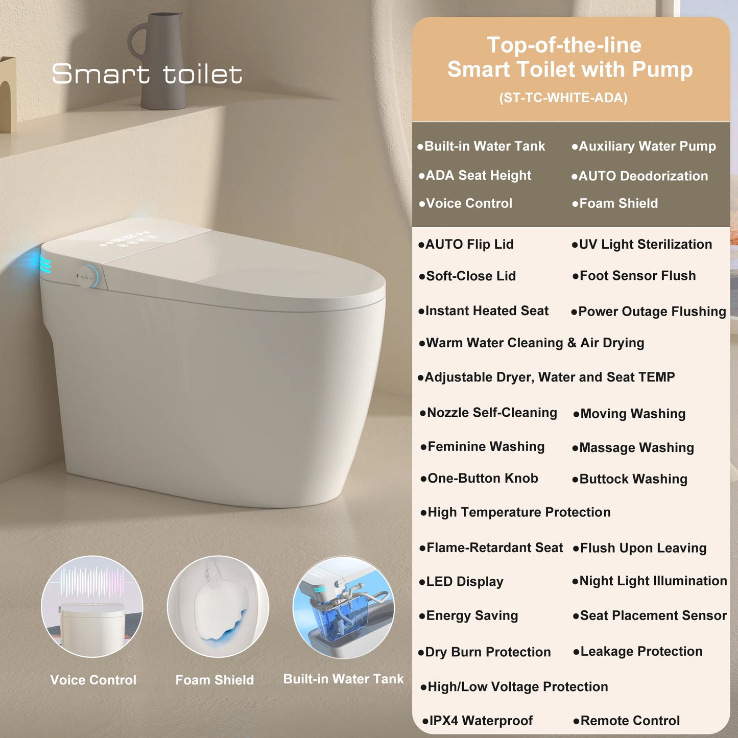 Smart Toilet with Built-in Bidet, AUTO Open/Close, Water Sprayer, AUTO Dual Flush, Heated Bidet Toilet Seat.