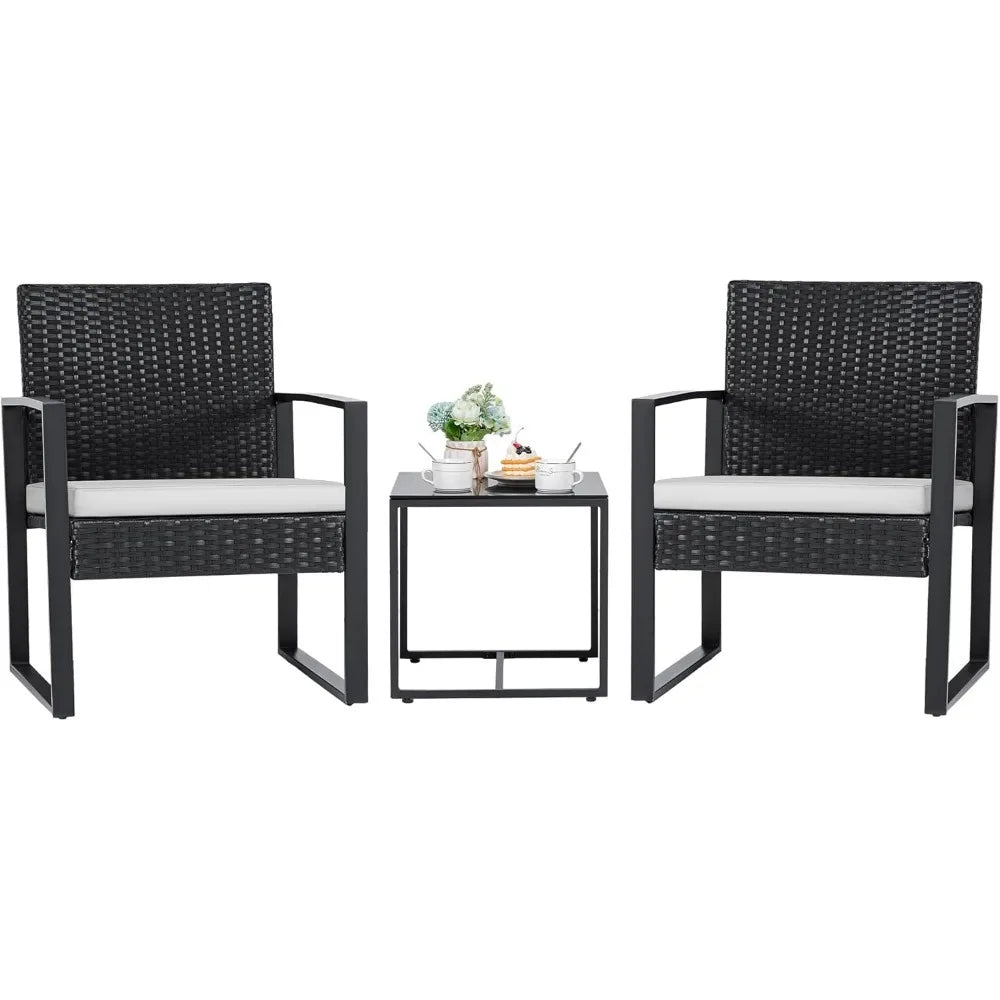 3 Pieces Outdoor Patio Wicker Furniture Set, Modern Rattan Chair Sets with Coffee Table for Yard.