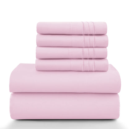 Lux Décor 6Pc Solid Sheet Set – Brushed Microfiber, 16" Deep Pockets, with Embroidered & Plain Pillowcases