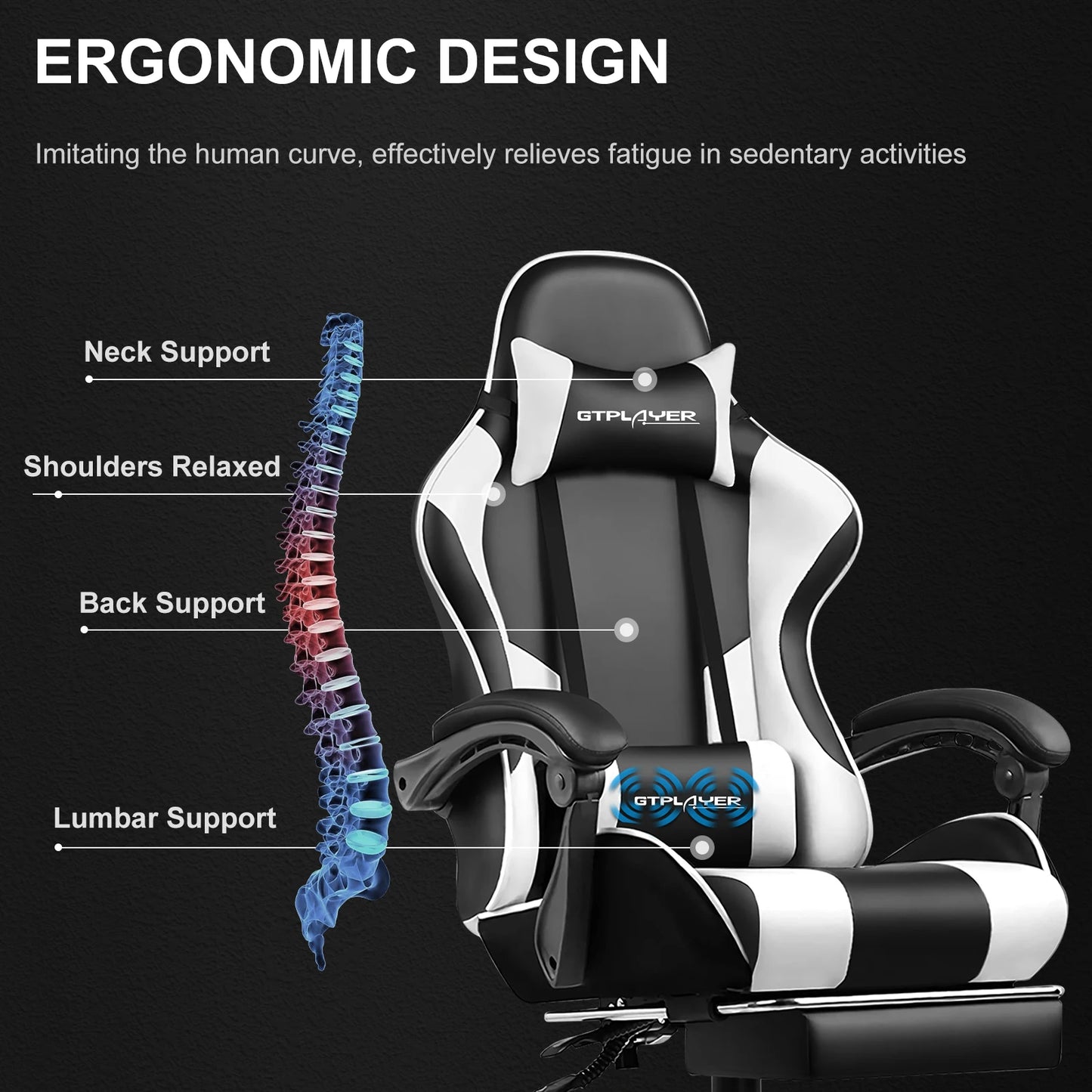 Gaming Chair with Footrest, Lumbar Support, Adjustable Height, Swivel Seat, Headrest.