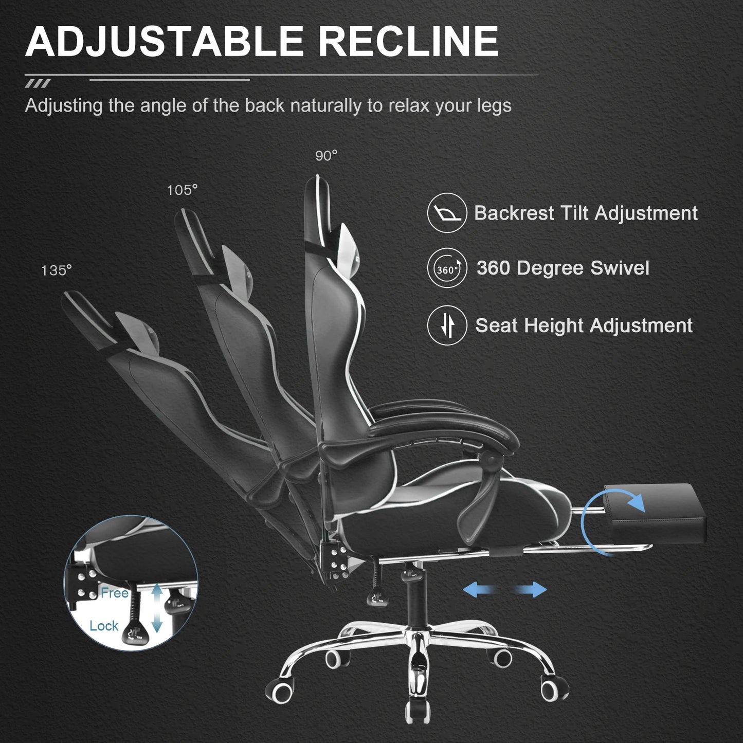 Gaming Chair with Footrest, Lumbar Support, Adjustable Height, Swivel Seat, Headrest.