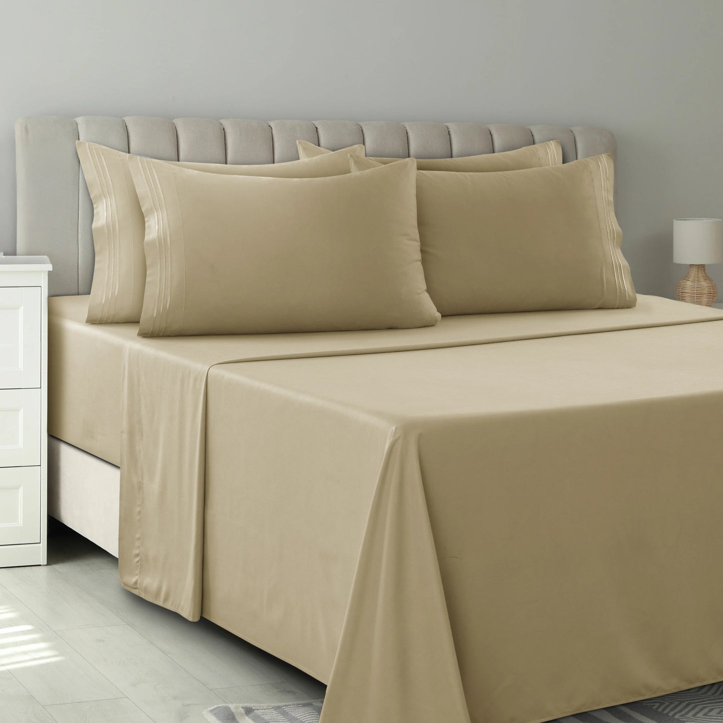 Lux Décor 6Pc Solid Sheet Set – Brushed Microfiber, 16" Deep Pockets, with Embroidered & Plain Pillowcases