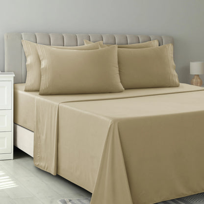 Lux Décor 6Pc Solid Sheet Set – Brushed Microfiber, 16" Deep Pockets, with Embroidered & Plain Pillowcases