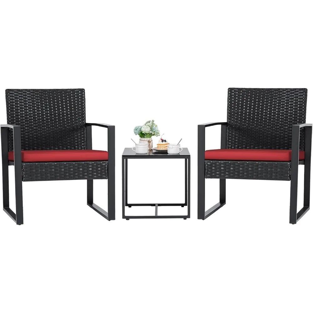 3 Pieces Outdoor Patio Wicker Furniture Set, Modern Rattan Chair Sets with Coffee Table for Yard.