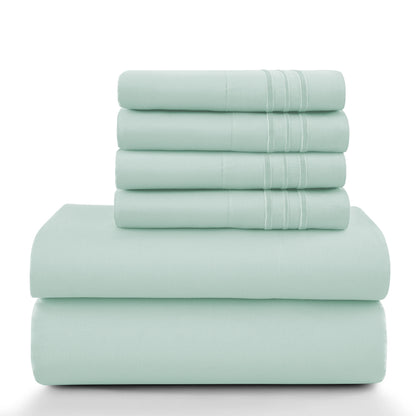 Lux Décor 6Pc Solid Sheet Set – Brushed Microfiber, 16" Deep Pockets, with Embroidered & Plain Pillowcases