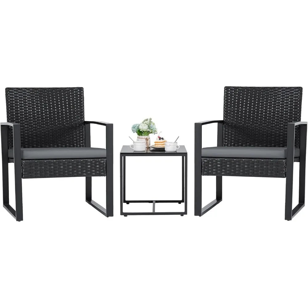 3 Pieces Outdoor Patio Wicker Furniture Set, Modern Rattan Chair Sets with Coffee Table for Yard.