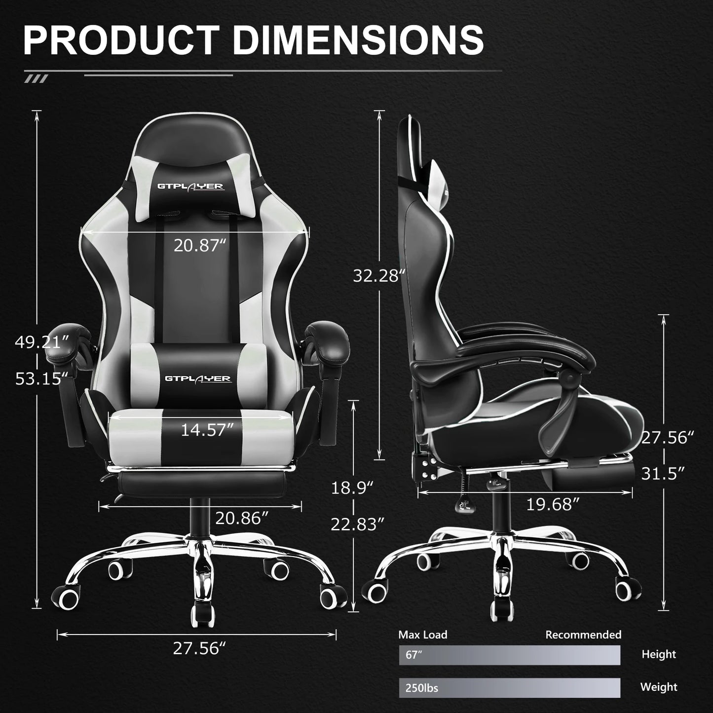 Gaming Chair with Footrest, Lumbar Support, Adjustable Height, Swivel Seat, Headrest.