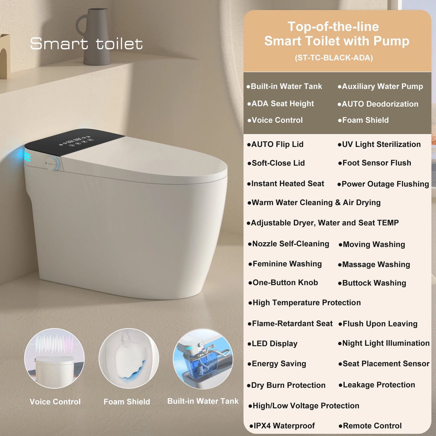 Smart Toilet with Built-in Bidet, AUTO Open/Close, Water Sprayer, AUTO Dual Flush, Heated Bidet Toilet Seat.